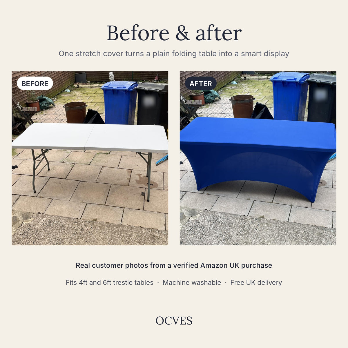 Customer photo: a plain folding table before and after fitting a blue OCVES stretch tablecloth