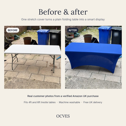 Customer photo: a plain folding table before and after fitting a blue OCVES stretch tablecloth
