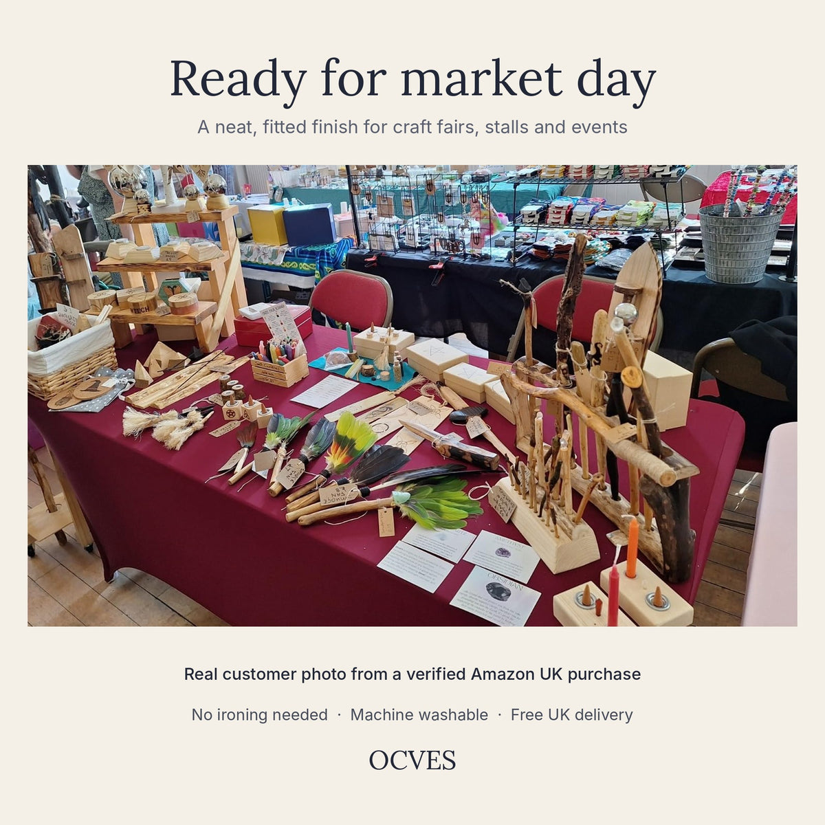 Customer photo: burgundy OCVES stretch tablecloth on a craft fair stall