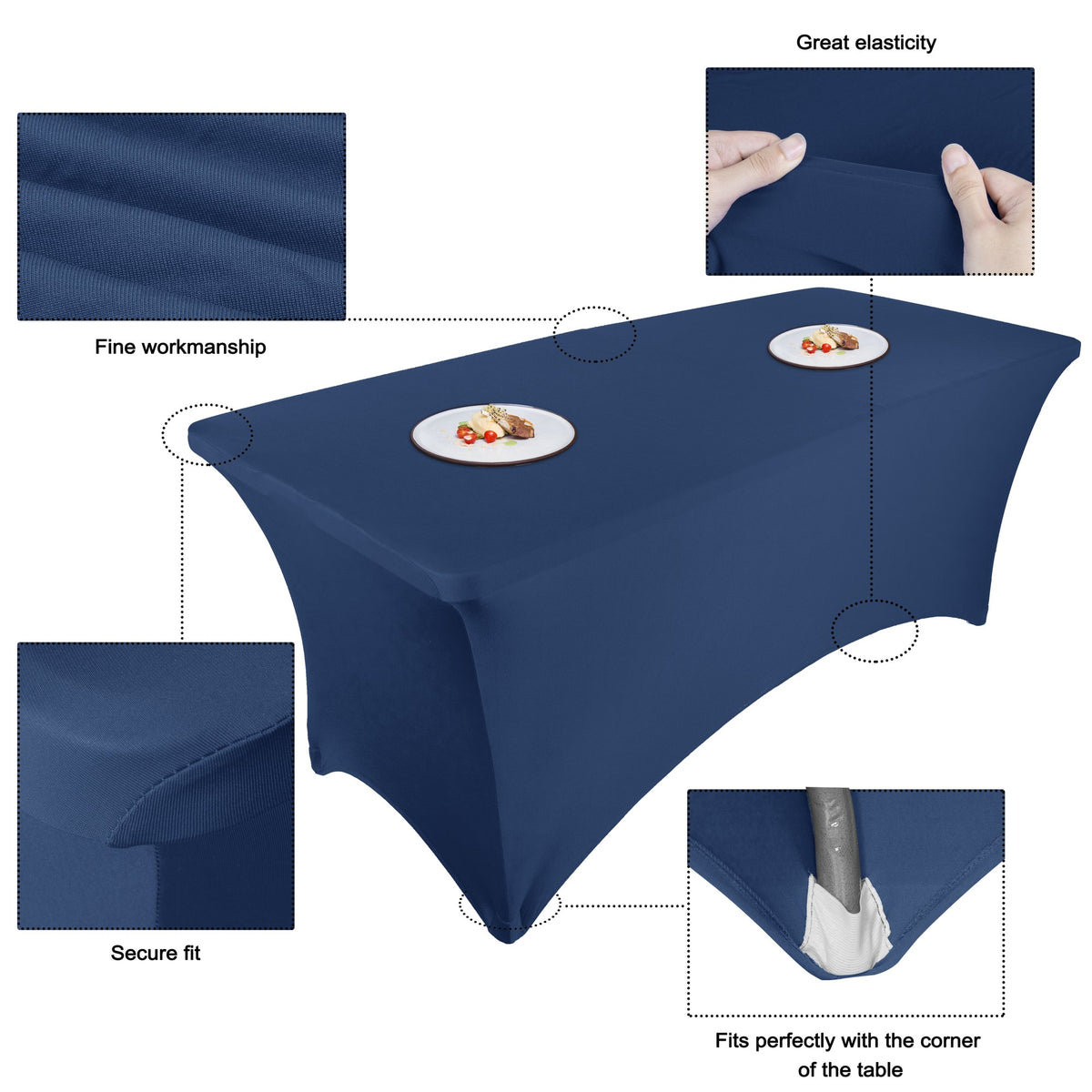Navy stretch tablecloth details: stretch fabric, fitted corners and foot pockets