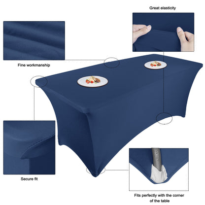 Navy stretch tablecloth details: stretch fabric, fitted corners and foot pockets
