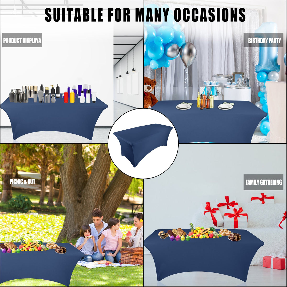 Navy stretch tablecloths for product displays, birthday parties, picnics and family gatherings