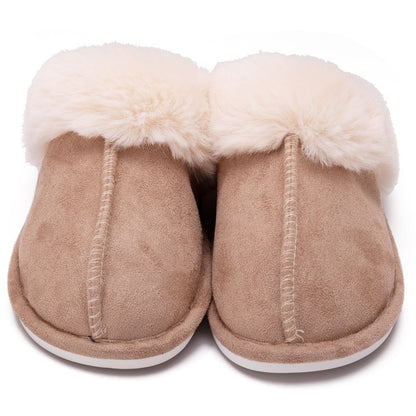 Khaki women's faux fur slippers, front view