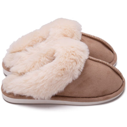 Khaki women's faux fur slippers, side view
