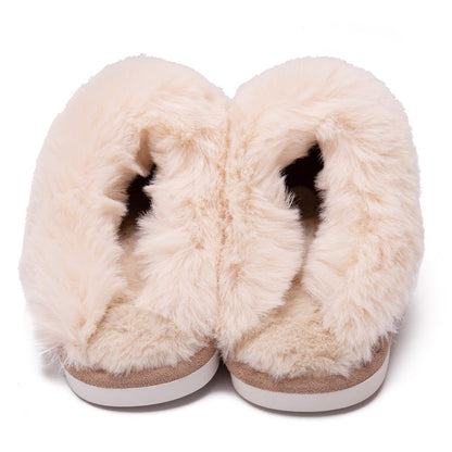 Fluffy faux fur lining of the Khaki slippers seen from above