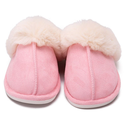 Pink women's faux fur slippers, front view