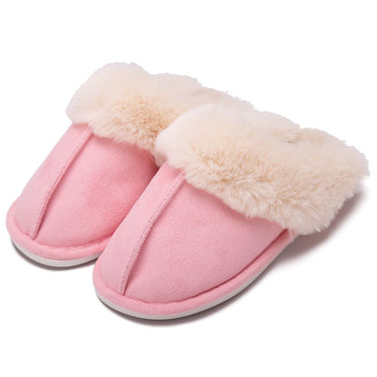 Pink women's faux fur slippers, side view
